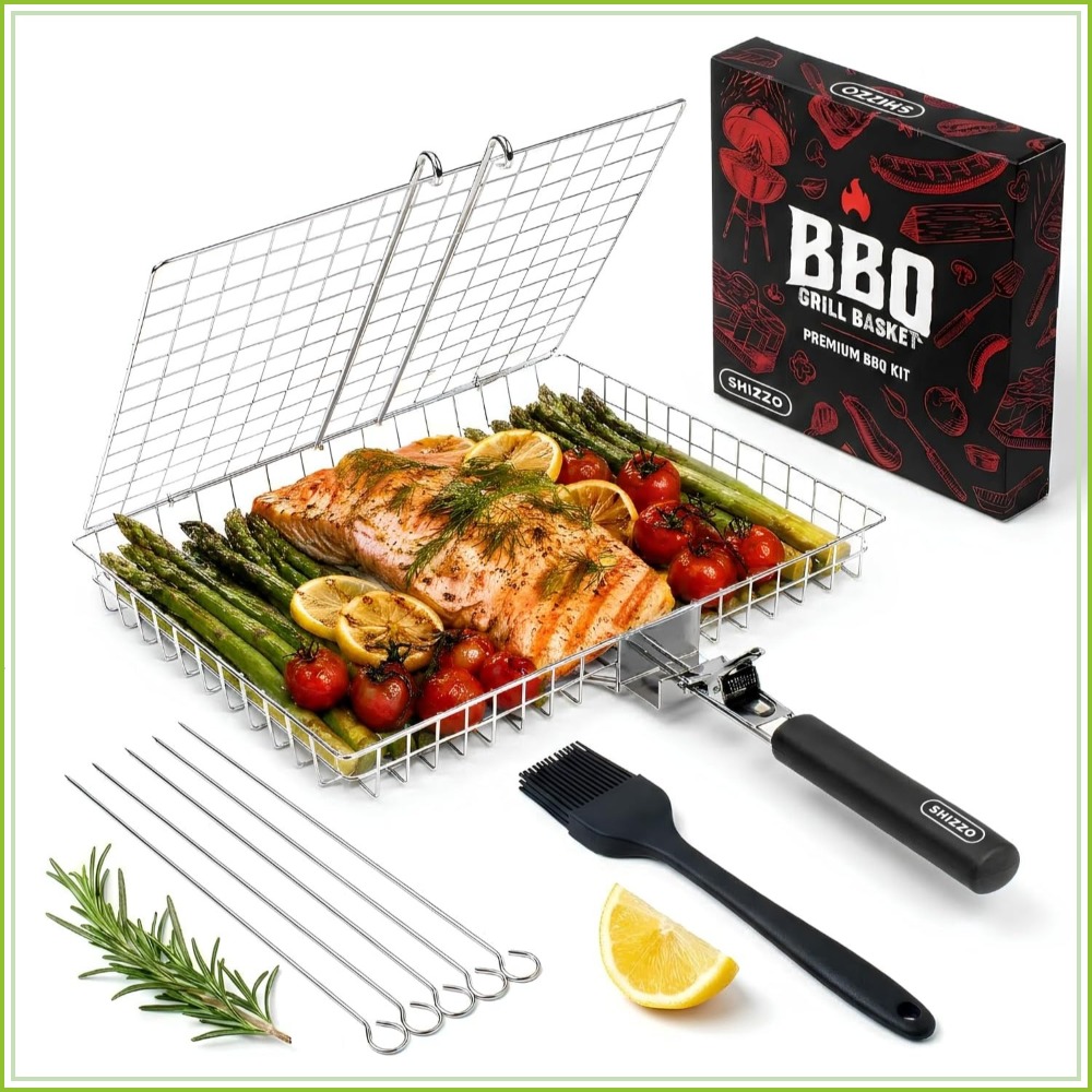 Camp Grill Portable Folding - BBQ Grill Basket Set, Stainless Steel